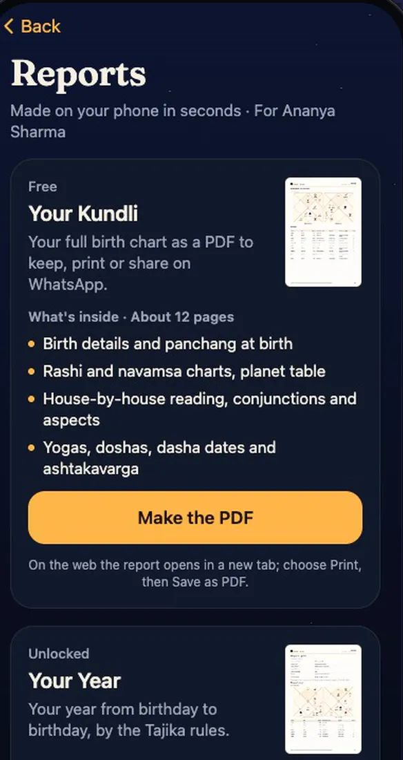 Reports screen listing the Your Kundli and Your Year PDF reports and what each contains.