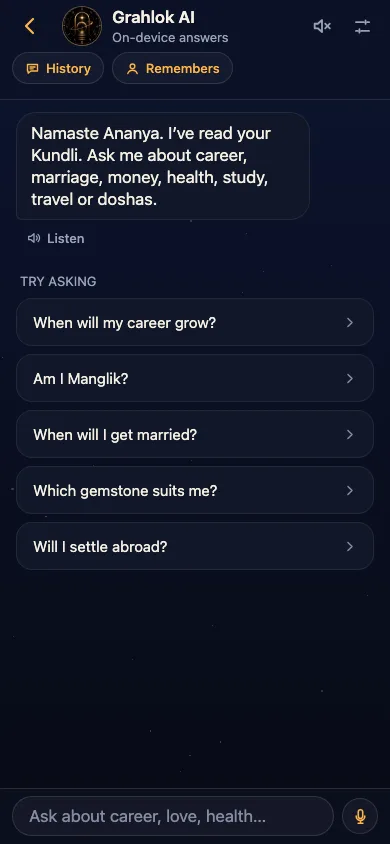 Ask screen with suggested questions such as When will my career grow and Am I Manglik.